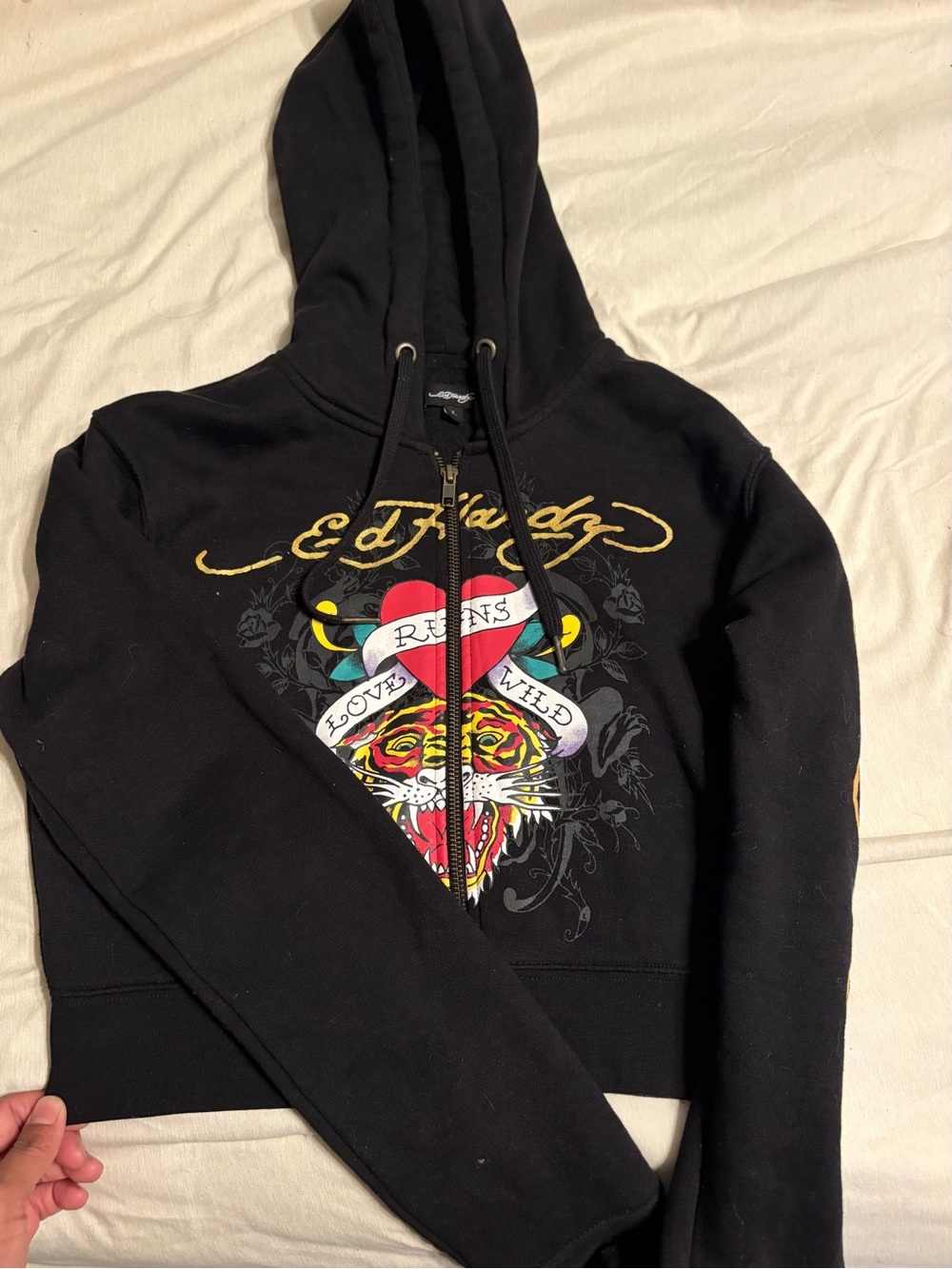 Ed Hardy Black Hoodie with Gold Script Accent